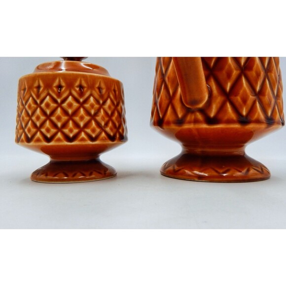 Brown Raised Diamond Pattern Footed Coffee Pot Sugar Bowl Japan Lidded Vintage - Picture 10 of 16